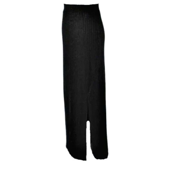 Maxi Skirt Lightweight Ribbed Knit Wide Waistband Side Slit Black Sz Women's S/M - Picture 2 of 5